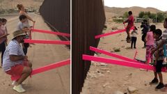 Ni�os y adultos de un lado y otro de la frontera juegan con un balanc�n cargado de simbolismo
