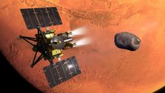 Representaci&oacute;n art&iacute;stica de la sonda espacial MMX durante su inserci&oacute;n en la &oacute;rbita de Marte.
