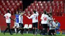 El Sevilla Atltico celebra el segundo tanto frente al Real Oviedo la temporada pasada