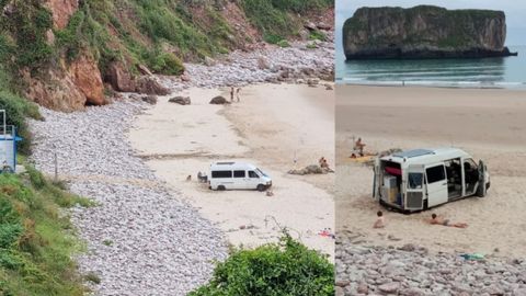 Caravana de turistas franceses varada en la playa de Andrín, en Llanes
