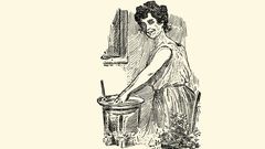 Una muchacha prepara la t�pica agua de San Juan para la ma�ana del 24 de junio. �La matita de salvia, el pie de romero, la malva camuesa, la yerba buena, la reina Luisa, el laurel. Todo cay� al filo de la hoz [...] y sus sanos perfumes invadieron en grat�sima oleada el ambiente�, dec�a el pie de la ilustraci�n.