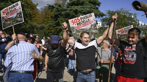 Cientos de ganaderos se han concentrado este jueves en Oviedo para denunciar los da�os que el lobo causa en la caba�a ganadera asturiana y pedir  soluciones urgentes  al Principado, en una protesta convocada por la Uni�n Rural Asturiana (URA) y con el apoyo de varias organizaciones agrariasy de alcaldes