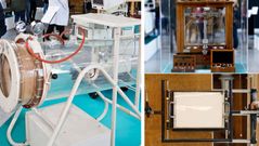 Algunos elementos de la coleccin del Musavi: un equipo de compresin al vaco (izquierda), una bscula de precisin (derecha, arriba) y un equipo de radiologa (derecha, abajo)