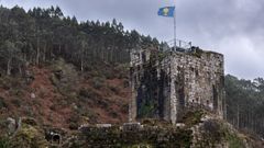 <span lang= gl >A bandeira de cor azul, co caliz e as cruces, colocada no alto da torre</span>