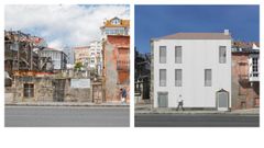 Imagen actual del edificio de Rastro 7 (a la izquierda), del que solo queda la planta baja, y a la derecha, el proyecto que prev� ejecutar la Xunta una vez obtenga la licencia de obra