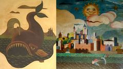 Detalle da balea desaparecida. � dereita, fragmento dun dos doce murais que se conservan na r�a Olmos.