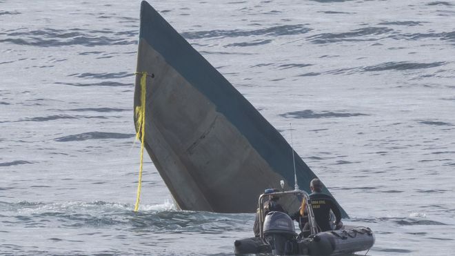 Imagen del narcosubmarino localizado entre Mux�a y Camari�as. El sumergible se�hundi� de popa.
