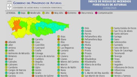 �ndice de riesgo de incendios forestales de Asturias para el domingo 22 de agosto