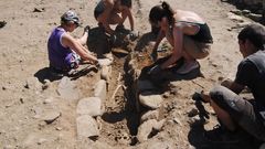 Un grupo de voluntarios excavan una de las antiguas tumbas descubiertas en el castro el a�o pasado 