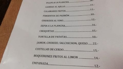 Carta de las tapas del Centro Galego de Lucerna, con precios en francos suizos