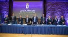 Junta directiva del Real Oviedo antes del comienzo de laJunta General Ordinaria y Extraordinaria de Accionistas