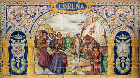 Detalle de un azulejo de la plaza de Espa�a de Sevilla en el que se representa a Carlos I embarcando en A Coru�a el 20 de mayo de 1520 para ser coronado emperador en Aquisgr�n