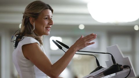 La vicepresidenta segunda, Yolanda D�az, durante un evento informativo de ayer en Madrid