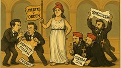 Esta es la propuesta que nos ha hecho ChatGPT5: imitando las caricaturas de la poca, la Repblica viste gorro frigio (smbolo revolucionario) y mira preocupada cmo los republicanos se pelean entre s por si el rgimen ser federalista (autonomista) o unitario (centralizado en Madrid); los carlistas rezan por ganar la guerra civil y, al fondo, los intransigentes (lo que hoy llamaramos la izquierda) protestan por todo.