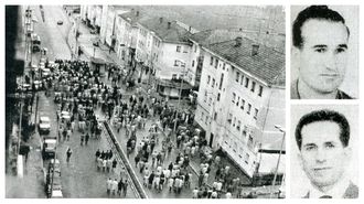 La famosa manifestaci&oacute;n del 10 de marzo de 1972, vista desde los pisos de Recimil en Ferrol; y a la derecha Daniel Niebla y Amador Rey, trabajadores asesinados ese d&iacute;a por la polic&iacute;a franquista. 