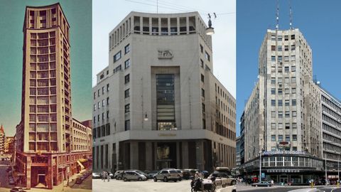 De izquierda a derecha, el edificio La Jirafa de Oviedo (en su diseo original), el Banco di Roma en Miln y el Palacio Albania de Belgrado