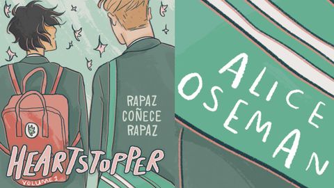 Detalle da ilustracin da portada da edicin galega de Rapaz coece rapaz, a primeira entrega de Heartstopper.