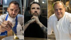 De izquierda a derecha, los cocineros Jos Mago, de O Lagar da Estrella; Antonio Reboredo, Rebo, de Caballa 14, y Koke Trigo, de A Espiga, nuevos miembros de Corua Cocia