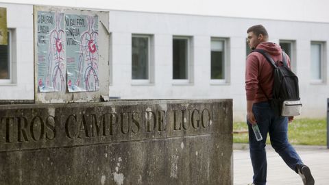 Un estudante f�xase no cartel da manifestaci�n que se celebra hoxe, en Lugo, en prol do uso do galego.