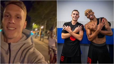 Dos momentos de la celebración del título liguero por parte de los jugadores del F.C. Barcelona.