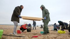 VOLUNTARIOS LIMPIANDO  DE P�LETS EN LA PLAYA DE BALIEIROS
