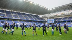 Los futbolistas del Vetusta celebran la victoria ante el Colunga y el ascenso a Segunda RFEF
