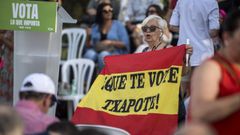 Una mujer sostiene una bandera de Espa�a con el lema �Que te vote Txapote� en un mitin de Vox en Toledo