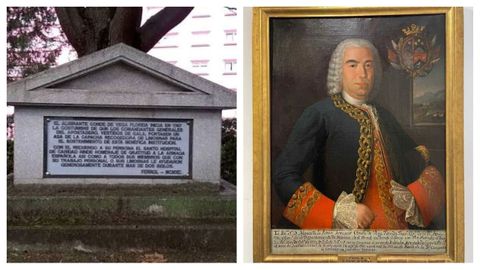 Estela en memoria de la Armada y el conde de Vega Florida en el hospital Juan Cardona, y a la derecha retrato del conde de Vega Florida