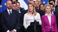 Charles Michel, presidenta del Consejo Europeo, en el centro de la imagen.