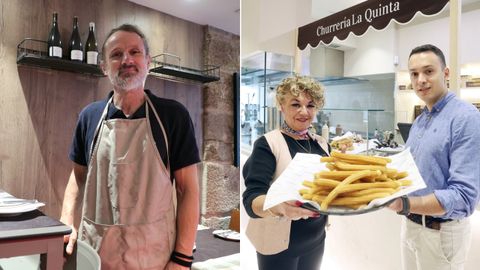 Xabier Ra, en A Tasquia da Senra (foto de la izquierda) y Ibai Castieiras junto a su abuela en la churrera La Quinta (derecha). La relacin calidad-precio y la ubicacin estn entre los pluses de estos dos establecimientos del casco antiguo compostelano premiados con un Solete.