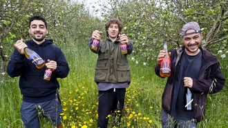 El tomin�s Alejandro Tartaglione, en el centro, con sus socios portugueses Pedro Paiva y Francisco Torres, en las fincas de Tomi�o de donde salen las manzanas con las que elaboran la sidra Raia. 