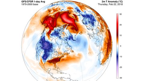 Mientras Europa se congela, el �rtico se cuece. Las temperaturas en el Polo Norte est�n registrando esta semana anomal�as muy importantes respecto a los valores medios. Otro tipo de efecto que genera el Calentamiento S�bito de la Estratosfera