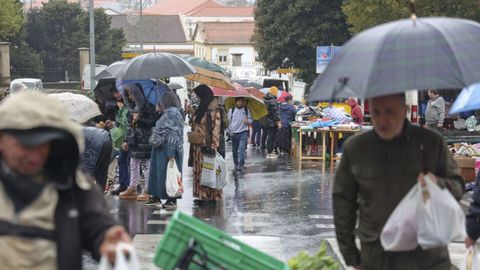 La feria de Ferrol, que se celebraba este domingo por primera vez en la avenida de Esteiro, pasada por agua.