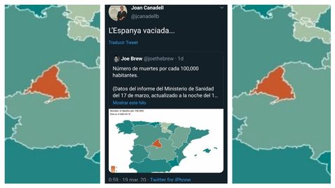 Tuit del presidente de la Cmara de Comercio de Barcelona, Joan Canadell, con un mapa con el nmero de muertos y el comentario: La Espaa vaciada