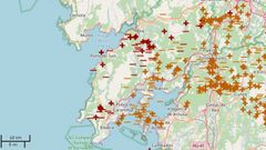 Mapa que representa los rayos ca�dos entre las 18.00 horas y la medianoche del domingo