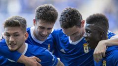 Viti, Jimmy, Borja S�nchez y Obeng celebran el 1-0 ante el Amorebieta