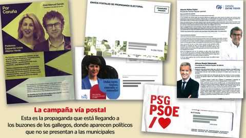 La propaganda electoral que est llegando a los buzones de los gallegos, con imgenes de polticos que no se presentan a las municipales protagonizando la campaa va postal.