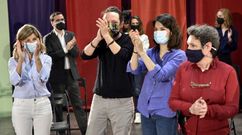 El candidato de Podemos a las elecciones de la Comunidad de Madrid, Pablo Iglesias (c) y la vicepresidenta tercera del Gobierno, Yolanda D�az (i), durante la presentaci�n de la candidatura de Unidas Podemos Comunidad de Madrid