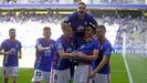 Gol Folch Rocha Aaron Carlos Hernandez Mossa Diegui Real Oviedo Sevilla Atletico Carlos Tartiere.Los futbolistas azules celebran el gol de Folch ante el Sevilla Atletico