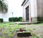 El desgaste se hace visible en el edificio. La peque�a capilla que sirve de pedestal a la figura situada en la torre que puede verse en esta imagen cuenta con restos de vegetaci�n como musgo y verd�n. Por otro lado, varios de los cristales de las ventanas de su fachada est�n rotos, as� como el de la puerta principal, desde donde puede observarse el interior de la zona de rezo. 