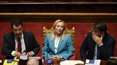 El ministro de Transportes y l�der de Liga, Matteo Salvini, la primera ministra y principal referente de Hermanos de Italia, Giorgia Meloni, y el ministro de Asuntos Europeos, Raffaele Fitto.