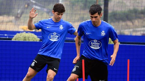 Diego Villares, junto a Riki, en el entrenamiento del Deportivo de este mi&eacute;rcoles.