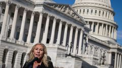La congresista Marjorie Taylo Greene, durante la rueda de prensa ante el Capitolio