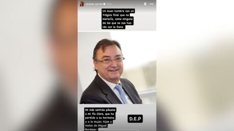 La story que Carmen Alcayde ha dedicado a su tío, Miguel Burdeos, fallecido en la dana que asoló Valencia.