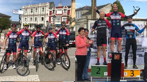 A la izquierda el Equipo Moscovitas de Rialto y Jos� Luis Pico con los otros dos ganadores de la I Carrera de ciclismo m�ster en El Franco, a la derecha