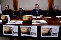 Xos� Manuel Varela, Xos� Pumar, Eduardo Parga e Xelucho Abella, na presentaci�n de onte.