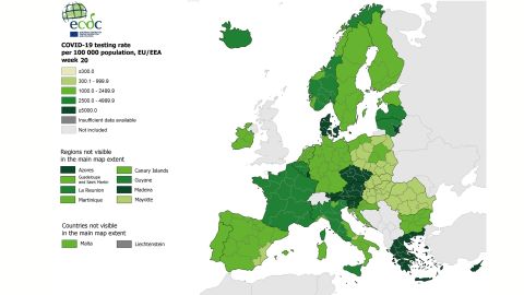 Mapa comparativo por regiones europeas de la tasa de pruebas de diagnóstico por 100.000 habitantes