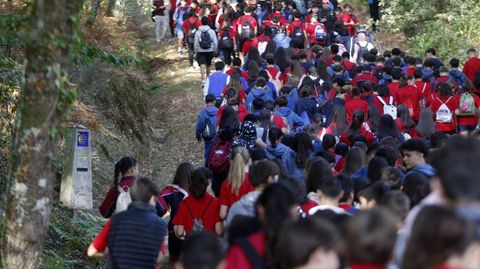 Los estudiantes pasan junto a a uno de los indicadores del Camino de Invierno