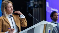 Kaja Kallas, ante la prensa tras el consejo de ministros de Defensa.