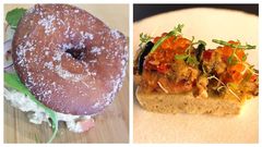 A la izquierda, un donut de pollo al curry de Dani L�pez; a la derecha, el bizcocho con salpic�n de Jorge Gago